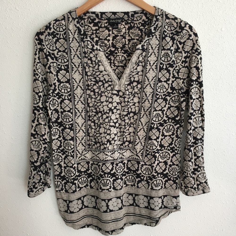 2 for $10 Lucky Brand black and gray boho top 3/4slv S